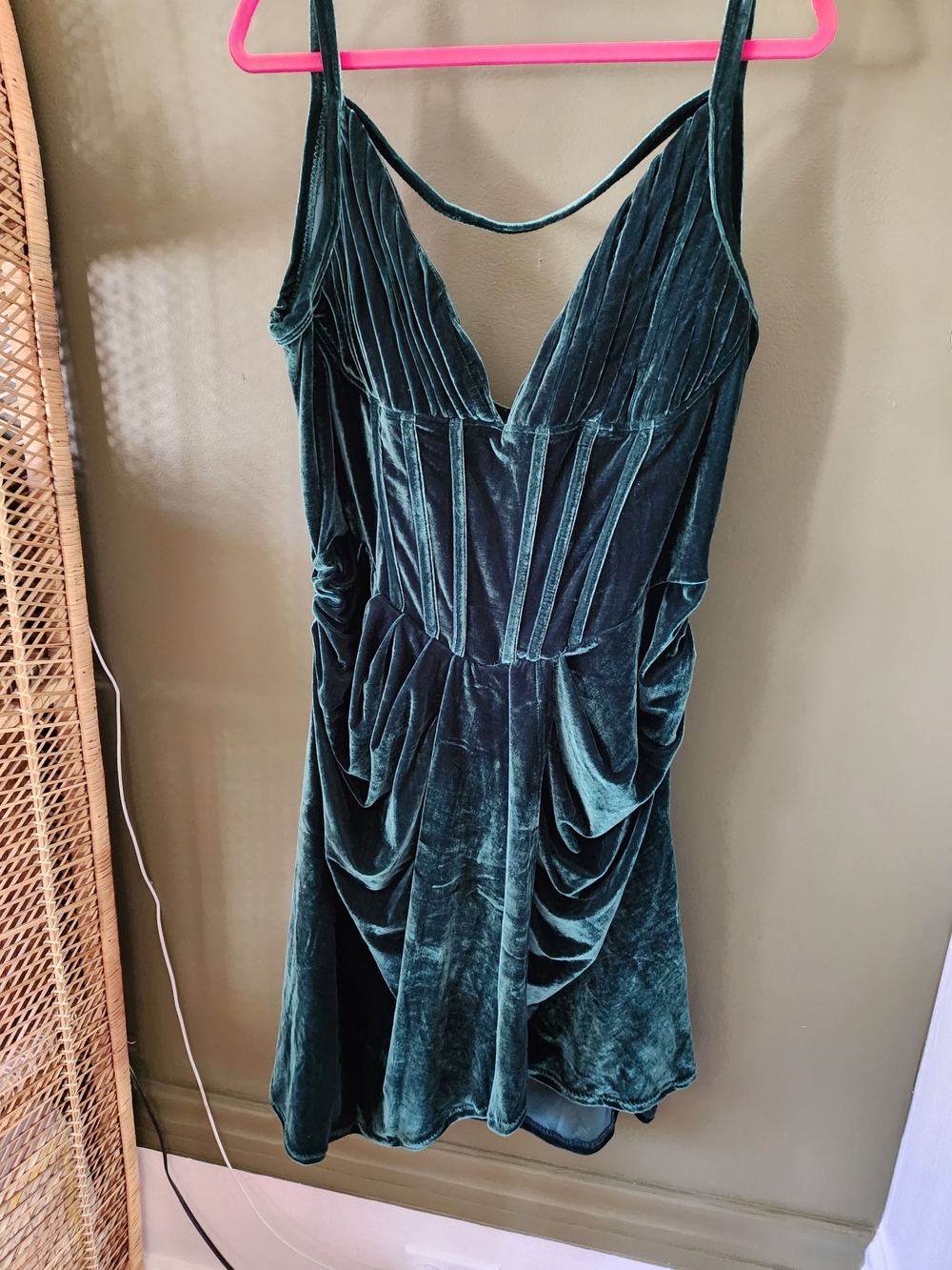 Emerald Green Velour Dress - Corseted Top -  Spaghetti Straps
